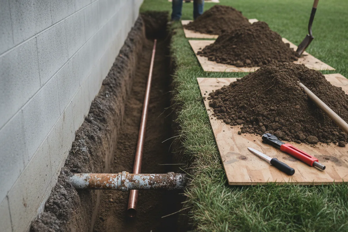 Excavated water line trench during Water Heater Repair in Oakesdale